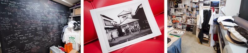 <b>社内にある中道さんのプライベート・ルーム。かなり広いスペースに特注の大きな長テーブルがあり、まわりには中道ワールドともいえる彼らしいお気に入りグッズや書籍仕事の道具などがギッシリ。撮影で忙しく世界中を飛び回っている中道さんのパスポートはスタンプラリー状態だった（笑）。よーく見ると洋服や小物にまぎれて、エプソンの大判インクジェットプリンターまであるので、このコーナーだけは写真家らしい（笑）。羨ましいほどステキで完璧なる、中道・ザ・ワールドである</b>