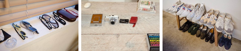 <b>社内にある中道さんのプライベート・ルーム。かなり広いスペースに特注の大きな長テーブルがあり、まわりには中道ワールドともいえる彼らしいお気に入りグッズや書籍仕事の道具などがギッシリ。撮影で忙しく世界中を飛び回っている中道さんのパスポートはスタンプラリー状態だった（笑）。よーく見ると洋服や小物にまぎれて、エプソンの大判インクジェットプリンターまであるので、このコーナーだけは写真家らしい（笑）。羨ましいほどステキで完璧なる、中道・ザ・ワールドである</b>