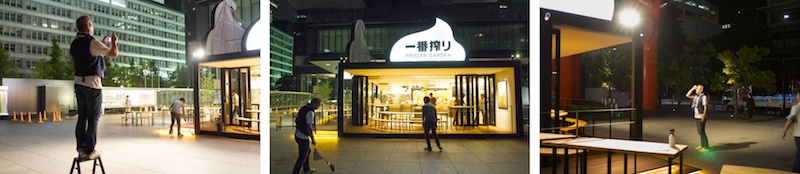 <b>5月後半の深夜、大手町にて。まもなくオープンするキリンの一番搾り、フローズン・ビア・ガーデンの撮影（現在はオープンしています）。夏季限定営業です。まわりのビル群の反射、お店のさまざまなミックス光、そして内外での照度の違いなどを細かく調整していく。もちろん小さなゴミやホコリを掃除して、ガラスをきれいに磨いてからの撮影だ。ボクは2時か3時くらいの途中で帰らせていただいたけど、中道さんや博報堂の方たちは夜が明けるまでの作業だったそうだ。お疲れさまでした</b>