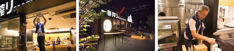 <b>5月後半の深夜、大手町にて。まもなくオープンするキリンの一番搾り、フローズン・ビア・ガーデンの撮影（現在はオープンしています）。夏季限定営業です。まわりのビル群の反射、お店のさまざまなミックス光、そして内外での照度の違いなどを細かく調整していく。もちろん小さなゴミやホコリを掃除して、ガラスをきれいに磨いてからの撮影だ。ボクは2時か3時くらいの途中で帰らせていただいたけど、中道さんや博報堂の方たちは夜が明けるまでの作業だったそうだ。お疲れさまでした</b>