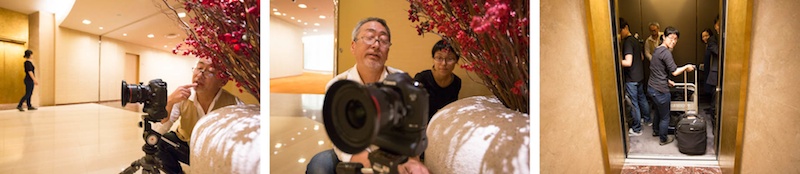 <b>6月の西新宿、ヒルトンホテル。チャペルなど内装をリニューアル・デザインされた部屋を撮影しているチーム中道。いつもオシャレな中道さん、この日は胸のチーフがステキだった。ここでもシフト17mmなどが大活躍していた。床の絨毯の毛並みを揃えるのも大切な仕事。インテリア・デザインは橋本夕紀夫デザインスタジオ。この日は座間さんが立ち会いでいらしていた。人物を入れ込んでの撮影ははじめてで勉強になった。大理石の床面にボクも一緒に寝転んでしまいました（笑）</b>