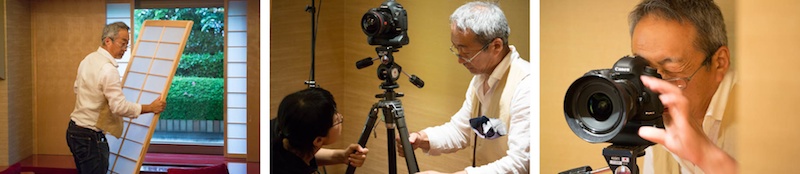 <b>6月の西新宿、ヒルトンホテル。チャペルなど内装をリニューアル・デザインされた部屋を撮影しているチーム中道。いつもオシャレな中道さん、この日は胸のチーフがステキだった。ここでもシフト17mmなどが大活躍していた。床の絨毯の毛並みを揃えるのも大切な仕事。インテリア・デザインは橋本夕紀夫デザインスタジオ。この日は座間さんが立ち会いでいらしていた。人物を入れ込んでの撮影ははじめてで勉強になった。大理石の床面にボクも一緒に寝転んでしまいました（笑）</b>