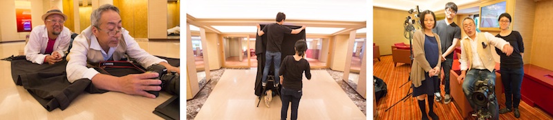 <b>6月の西新宿、ヒルトンホテル。チャペルなど内装をリニューアル・デザインされた部屋を撮影しているチーム中道。いつもオシャレな中道さん、この日は胸のチーフがステキだった。ここでもシフト17mmなどが大活躍していた。床の絨毯の毛並みを揃えるのも大切な仕事。インテリア・デザインは橋本夕紀夫デザインスタジオ。この日は座間さんが立ち会いでいらしていた。人物を入れ込んでの撮影ははじめてで勉強になった。大理石の床面にボクも一緒に寝転んでしまいました（笑）</b>