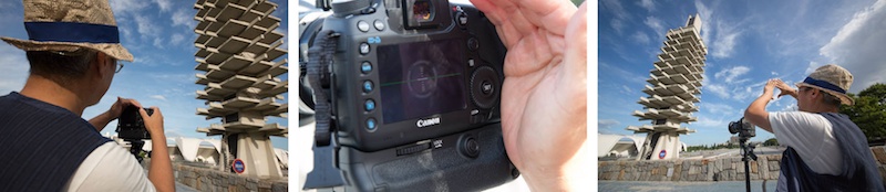 <b>ある日の午後、時間を割いてもらって建築撮影個人レッスンの授業を受けました。中道さんの基本をいくつか。スマホをポラ代わりに使ってアングル確認。EOS 5D Mark IIIのデジタル水準器は大活躍していた。三脚はたいていの場合、ジッツオの脚にハスキーのヘッドを装着使用。いろんな人が助手で入れ替わったりするので、カメラバッグの中身は一目でわかるようにしておき必要な機材はいつも同じにしておく。撮影にはカメラ、レンズ以外のPLフィルター、ハレ切れ、リモートレリーズ、三脚の足に使う包帯などのグッズも欠かせない必需品たち</b>