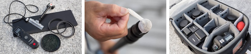 <b>ある日の午後、時間を割いてもらって建築撮影個人レッスンの授業を受けました。中道さんの基本をいくつか。スマホをポラ代わりに使ってアングル確認。EOS 5D Mark IIIのデジタル水準器は大活躍していた。三脚はたいていの場合、ジッツオの脚にハスキーのヘッドを装着使用。いろんな人が助手で入れ替わったりするので、カメラバッグの中身は一目でわかるようにしておき必要な機材はいつも同じにしておく。撮影にはカメラ、レンズ以外のPLフィルター、ハレ切れ、リモートレリーズ、三脚の足に使う包帯などのグッズも欠かせない必需品たち</b>