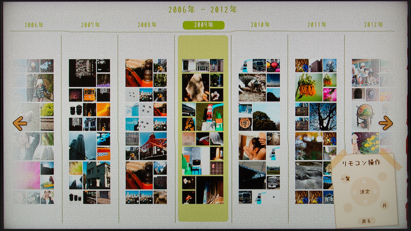 <b>「タイムライン表示」の画面。ブロックごとにピックアップされた画像がサムネイル表示される。</b>