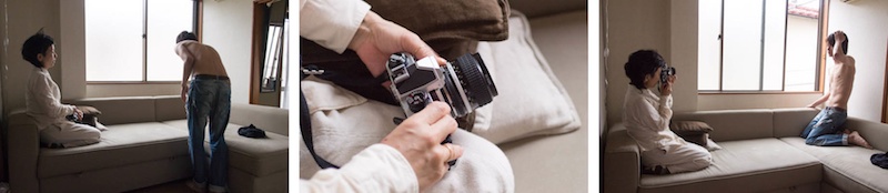 <b>梅雨の季節にお邪魔した撮影現場。金沢で知り合った頃から撮影をしているという男性はミノルさん。男のボクから見ても素敵な彼を今日はこのままヌードまで撮っていくらしい。後日、作品を見るのが楽しみだ。カメラはニコンFM2にモノクロフィルムが詰まっている。レンズは主に50mm、35mmだった。</b>