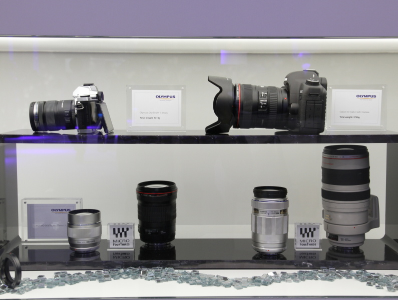 <b>一眼レフカメラと比較してコンパクトであることをアピール。カメラの価値をシステム全体で判断する傾向のある欧州らしい展示方法だという</b>