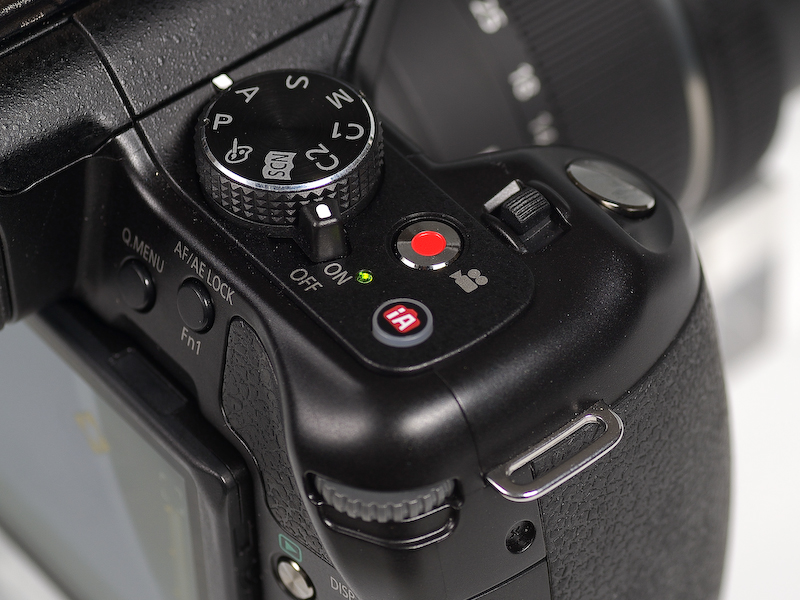 <b>動画ボタンの前方に見えるのがファンクションレバー。パワーズームレンズ装着時はズームレバーとして、それ以外のレンズでは露出補正操作となる。</b>