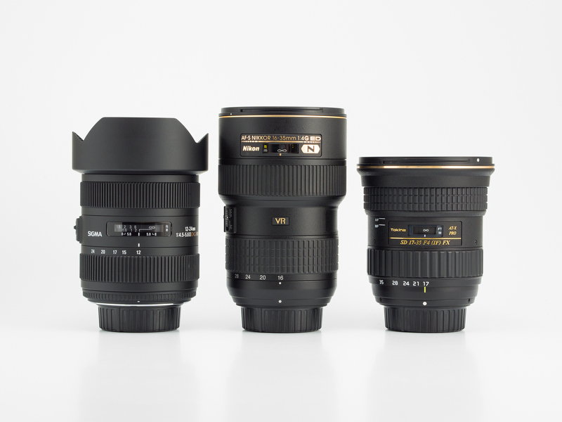 <b>今回試用した広角ズーム。左からSIGMA 12-24mm F4.5-5.6 II EX DG HSM、AF-S NIKKOR 16-35mm F4 G ED VR、Tokina AT-X 17-35 F4 PRO FX。</b>