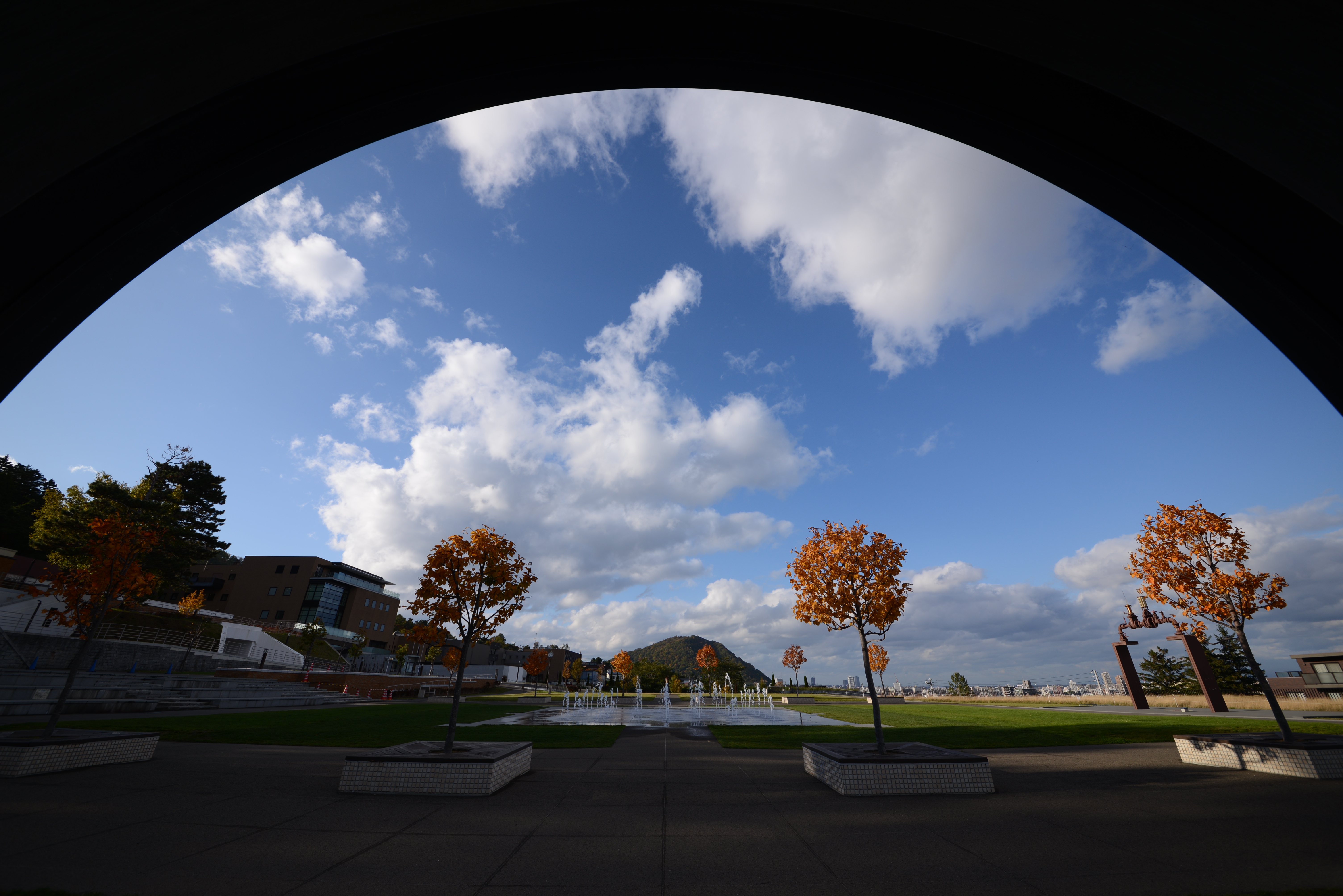 <b>直径3m近い巨大なパイプの中から。上側の丸い陰はパイプのエッジ部分。D600 / SIGMA 12-24mm F4.5-5.6 II EX DG HSM / 6,016×4,016 / 絞り優先AE / 1/400秒 / F8 / 0.3EV / ISO100 / WB:晴天 / 12mm</b>