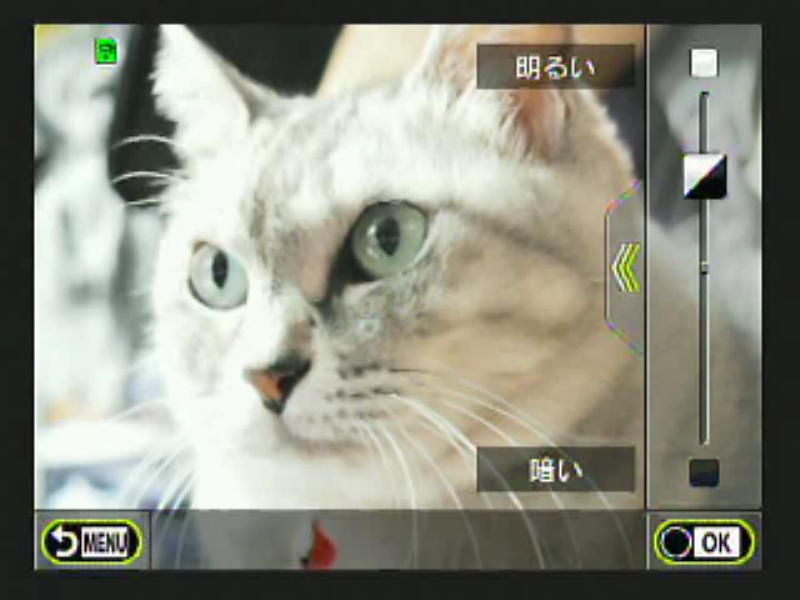 <b>ライブガイドから明るさの調整項目を表示させたところ。スライドを指で動かすことで明るさを変えることができる。他の項目でも同様に画面の変化を確かめながら直接調整ができる。</b>