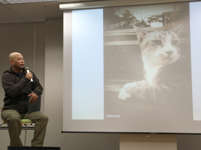 <b>猫は声をかけてから近づき、手なずけた後にそっとスマートフォンを取り出して撮影するという。一眼レフより警戒されにくく、そのネコとどこで会ったかを地図で振り返ることができるのもポイントという</b>