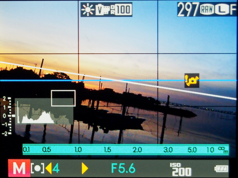 <b>左右水平方向の電子水準器を内蔵。背面モニターおよびファインダー内に水準線を表示させることができる。画面中央に記された白いラインを青い水準線と重ねることでカメラを水平に合わせることができる。</b>