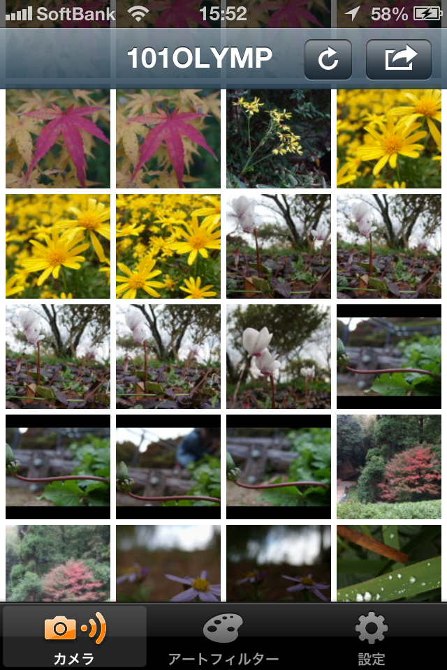 <b>XZ-2とFlashAirを接続したのち、OI.Shareを立ち上げると、FlashAir内に保存されたJPEGがサムネイル一覧で表示される。RAW（ORF）データは表示されない。</b>