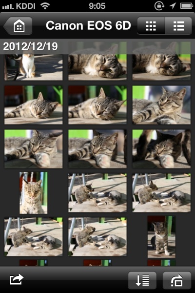 「EOS Remote」でカメラ内画像を一覧表示した状態。例えば鞄の中にカメラをいれたまま画像の確認をするといった利用ができる。