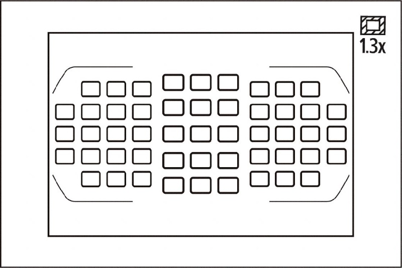 内側の枠線が1.3xクロップ時の画面。AFポイントは、ほぼ画面の横端までカバーする