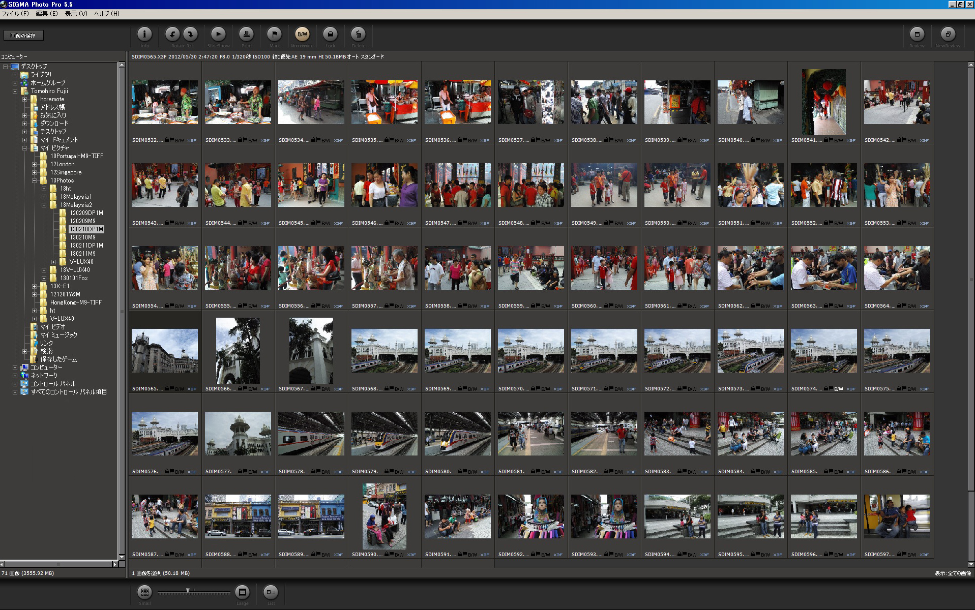 SPP5.5のインデックス画面では、上部に「B/W」のボタンが新設。サムネイルを選択してB/Wのボタンを押すと、カラーとモノクロームモードの切り替えなでダイレクトにモノクロモードでの編集作業が行なえる。またサムネイルもモノクロモードで編集した画像には「B/W」のマークが付くが、サムネイル自体はカラーのまま。