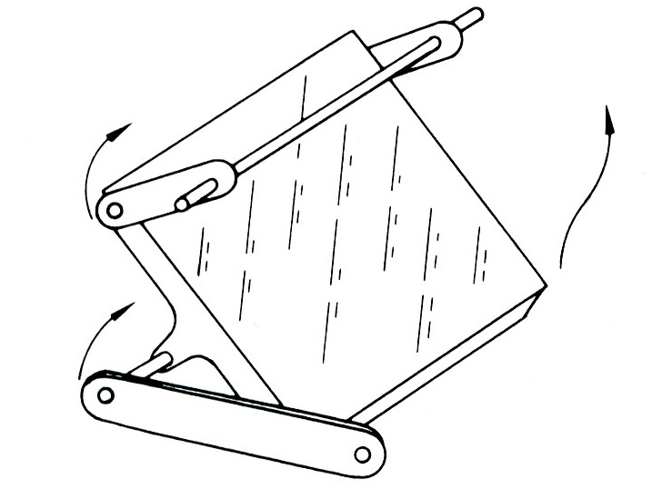 図2：「しゃくり上げミラー」の例。ミラーが跳ね上がるときにミラー先端が後退するような形で動く