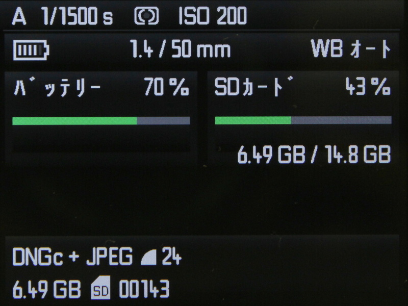 方向キー中央の「INFO」を押したところ。バッテリー残量や記録可能枚数といったステータスを一覧表示する