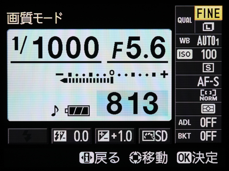 インフォボタンを押すと表示するインフォ画面。撮影に関するカメラの設定状態が一覧表示され、ここから機能の設定変更も可能としている。これも同社のデジタル一眼レフと同様。