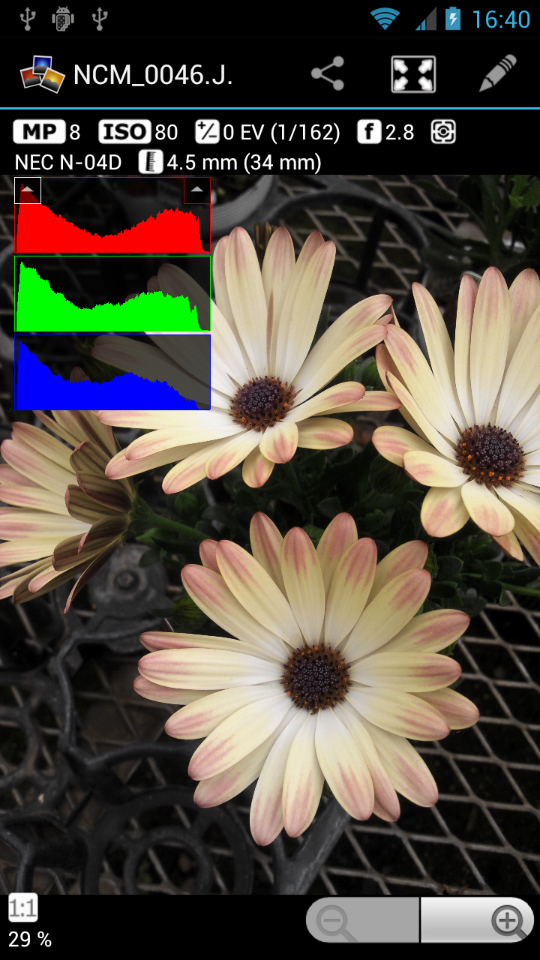 「Histogram」では、RGBの各チャンネルまたは統一チャンネルを表示できる