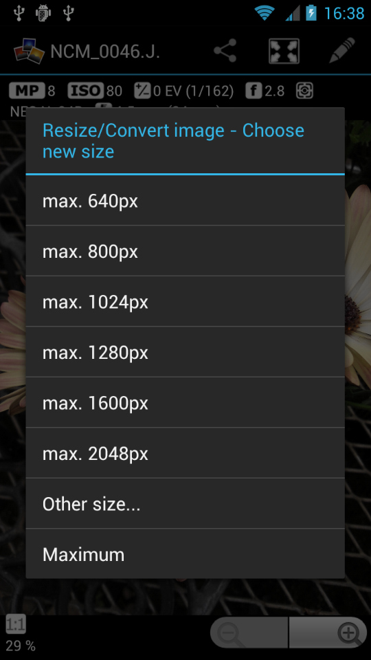 「Resize/Convert Picture」を使えば、「max. 640px」や「max. 1280px」といったプリセットサイズにリサイズできる