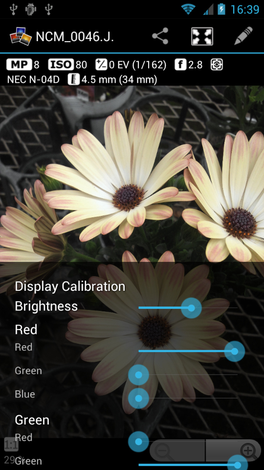 「Display Calibration」ではRGBのほか、明るさなども調整できる。基本的にスライダ操作で調整する