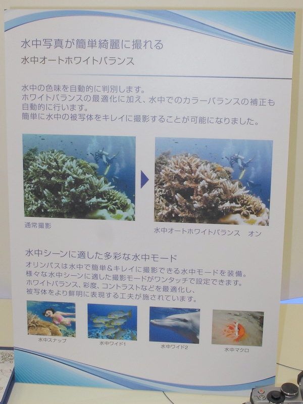 水中に適したオートホワイトバランス機能などを備える