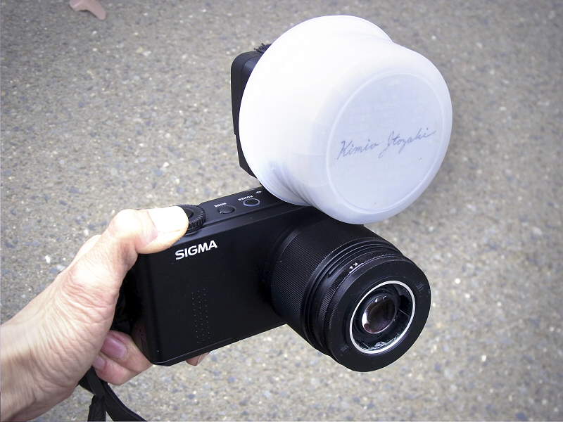 改造クローズアップレンズと改造ストロボを装備した「SIGMA DP3 Merrill」。小型でさりげない外観ながら、実に驚くべき高精細な高倍率マクロ撮影を実現する。この撮影システムはまさにFoveon X3ダイレクトイメージセンサーの開発者であるDick Merrill氏と、ぼく自身との共作であって、なので「SIGMA DP3 Merrill-Itozaki」と名付けることにしよう（笑）