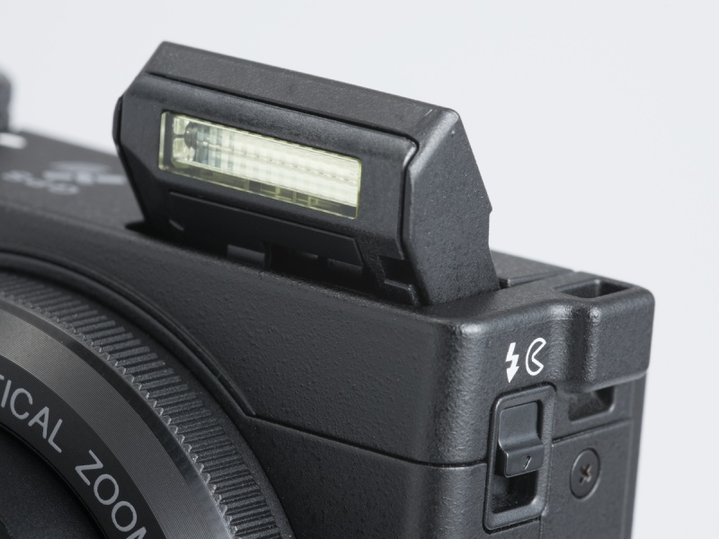 側面のレバーでポップアップする内蔵ストロボ。レバーの向こうにあるのはストラップ取り付け部。2点吊りできる仕様になった。