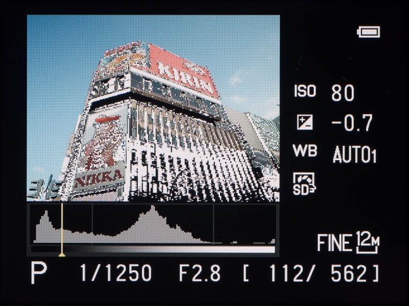 再生時にOKボタンを押すと表示されるトーンレベルインフォメーション。ヒストグラム上で選んだ明るさのエリアが点滅で表示される。ちょっとおもしろい。