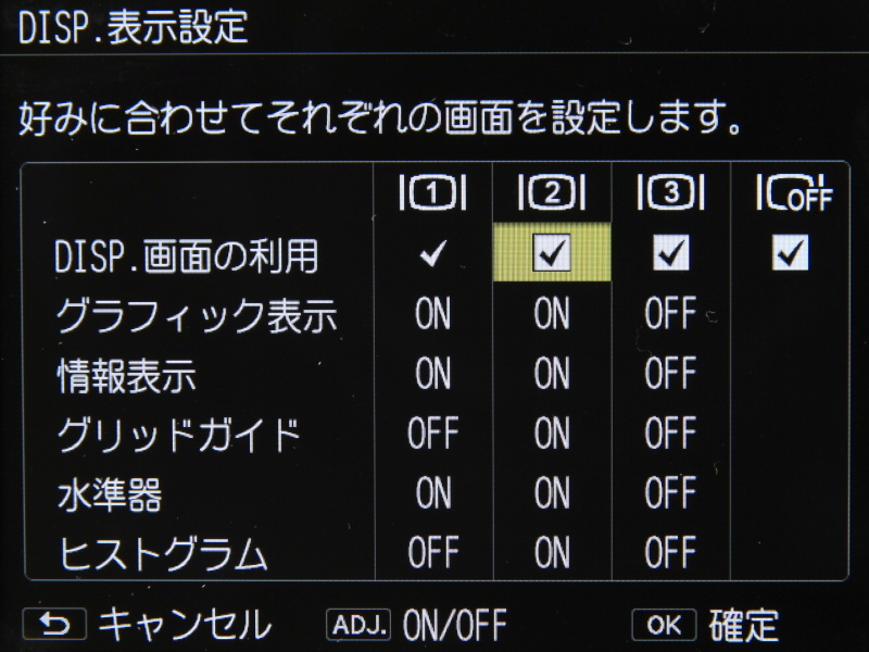 DISP.ボタンで切り替える表示の設定