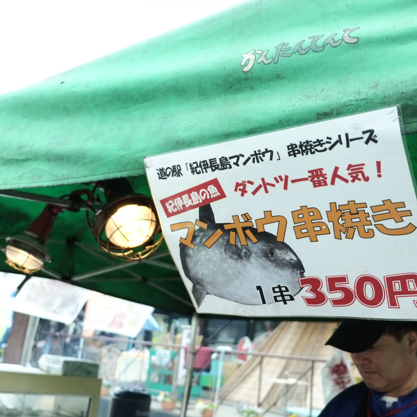 道の駅「紀伊長島マンボウ」で一番人気のマンボウ串焼きにカメラ女子たちは大はしゃぎ。食べて撮って、食べて撮ってを休憩ごとに繰り返し、熊野へ向かいます（笑）。