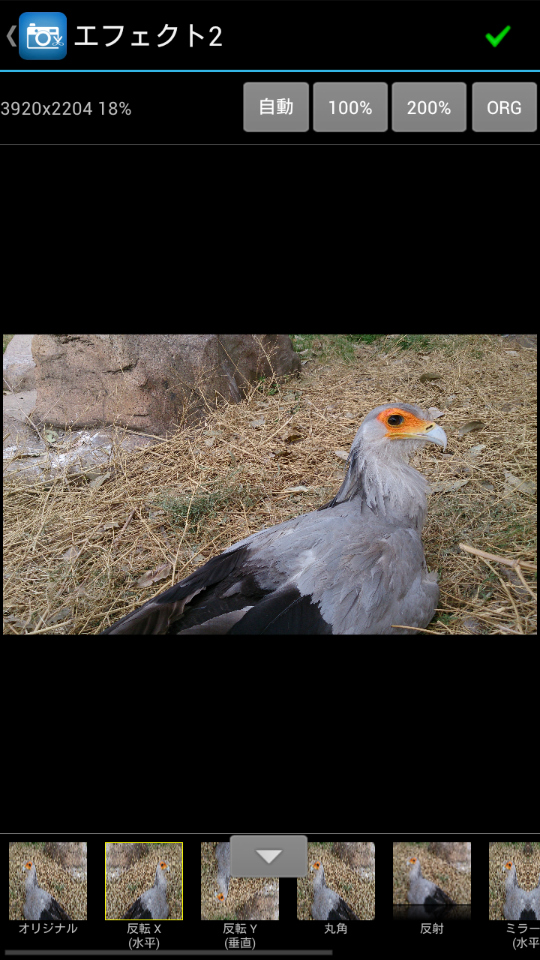 「エフェクト2」では、反転や反射、ミラーなど、加工系の機能が利用できる