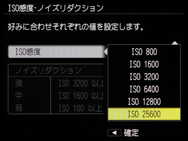 ベース感度はISO100、最高感度はISO25600とする。高感度特性は1/1.7型CCDの比ではない。