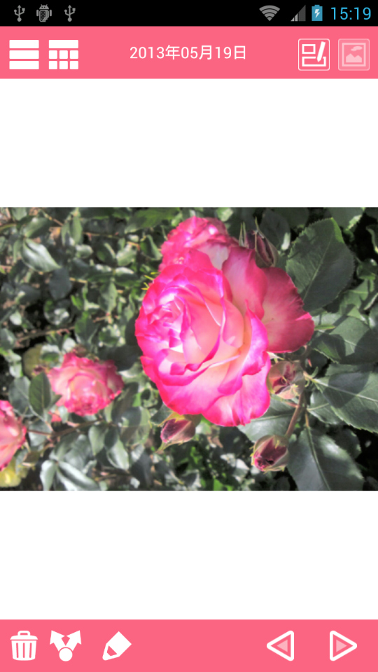 登録した写真を開いたところ。登録時は縦位置写真だったが、再生時では横位置になってしまった。実はこれ、撮影位置の変更を行わないと本アプリでも同じような現象が起こる。後から変更できないので厄介だ