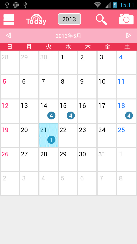 カレンダー表示画面。撮影枚数がカレンダーに記載されており、いつ何枚撮影したかがすぐにわかる