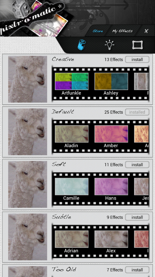 「Store」画面。選択中の画像がサムネイル表示され、どのように見える効果なのかが一目でわかるようになっている