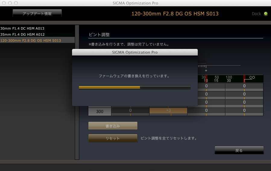 調整値を入力したら「書き込み」ボタンを押してレンズ内のファームウェアに調整値を書き込む。書き込みが終わったらUSB DOCKを取り外しカメラボディを取り付けて再度撮影。この画像をチェックして基準点にピントがあっていなければ再びUSB DOCKを取り付けOptimization Proで調整値を入力して書き込み、再度撮影してチェック。最適な調整値を見つけるまでこれを繰り返す。このブロックが完了したら、焦点距離と被写体との距離の組み合わせを変えてチェック&amp;調整。このレンズでは16ブロック全てでこれを行なう必要がある。