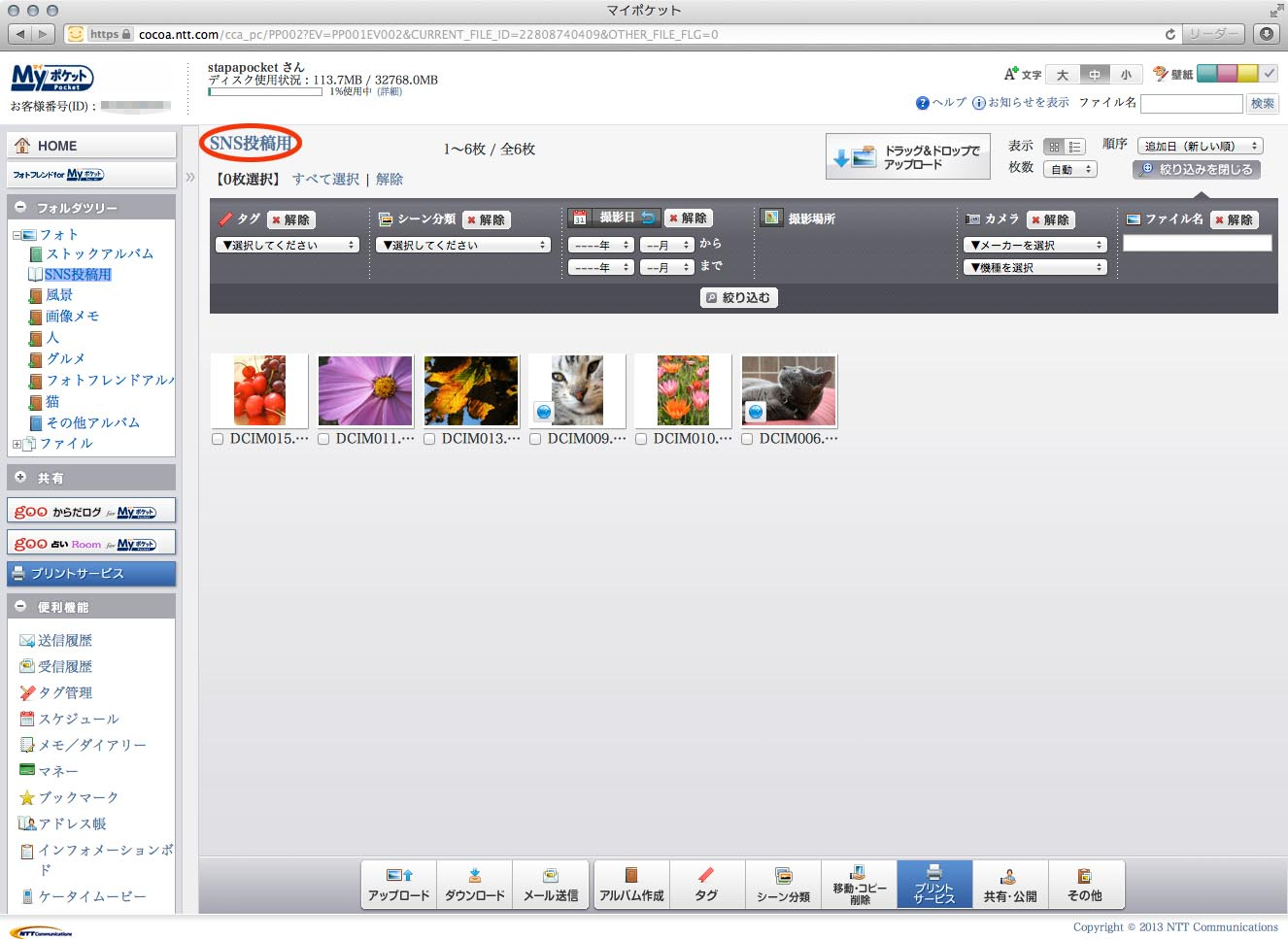 クラウド上に自由にフォルダを作り、写真を分類していける。フォルダ間の写真のコピーや移動も自在。