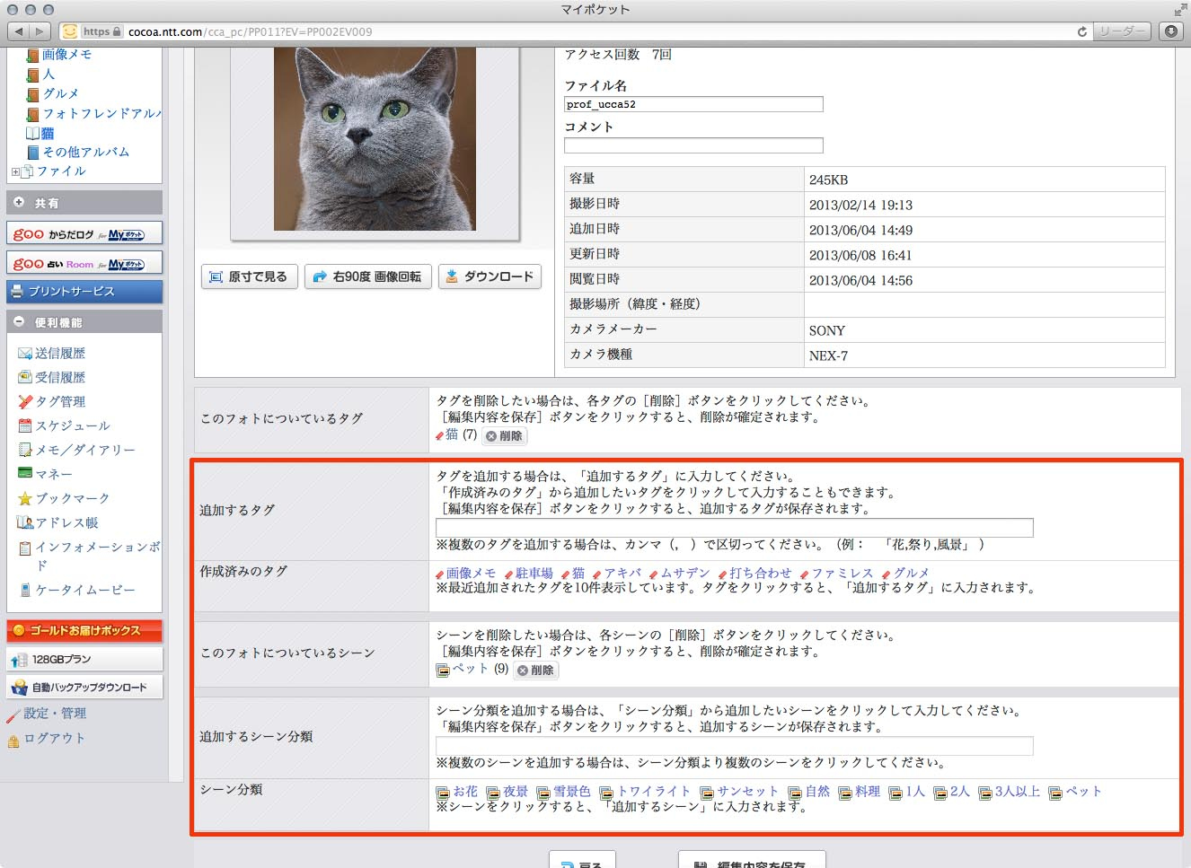 それぞれの写真には「タグ」や「シーン」と呼ばれる絞り込み検索用キーワードを付加できる。