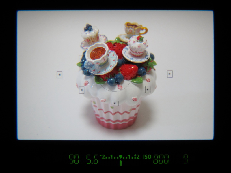 （参考）ファインダー内部。フォーカスエリアのレイアウトは、これまでのEOS Kissシリーズと同じだ。中央のみクロスタイプとしている。