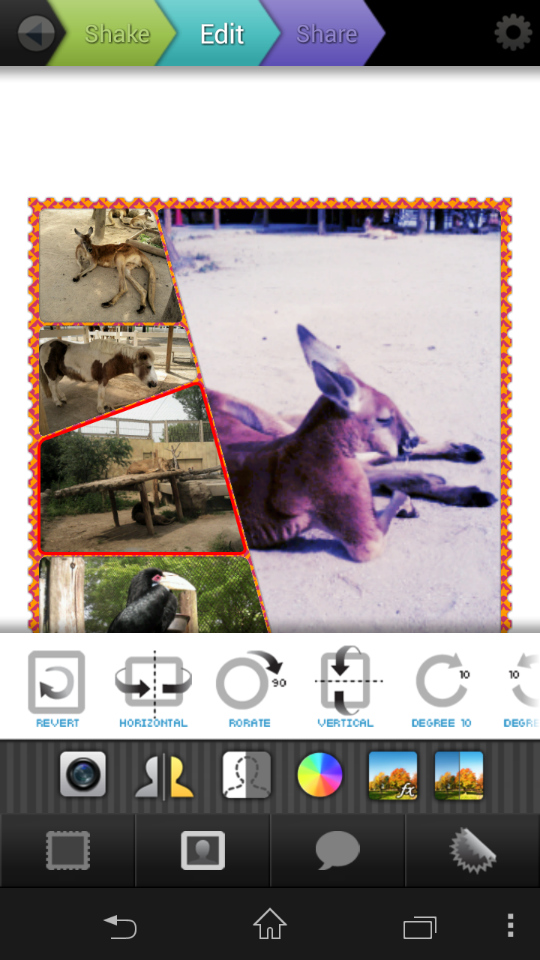 フレームアイコンの右隣をタップすると、選択した写真の回転や反転などが可能