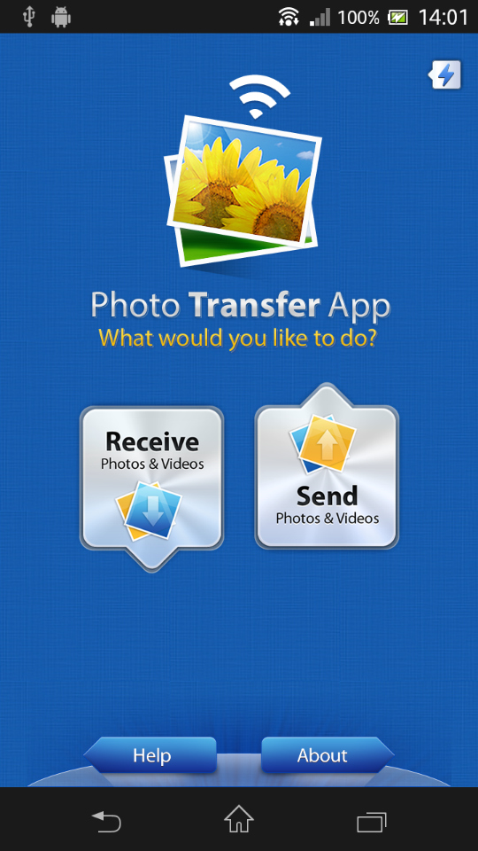 「Photo Transfer App」を起動したところ。「Receive」（受信）と「Send」（送信）が選択できる