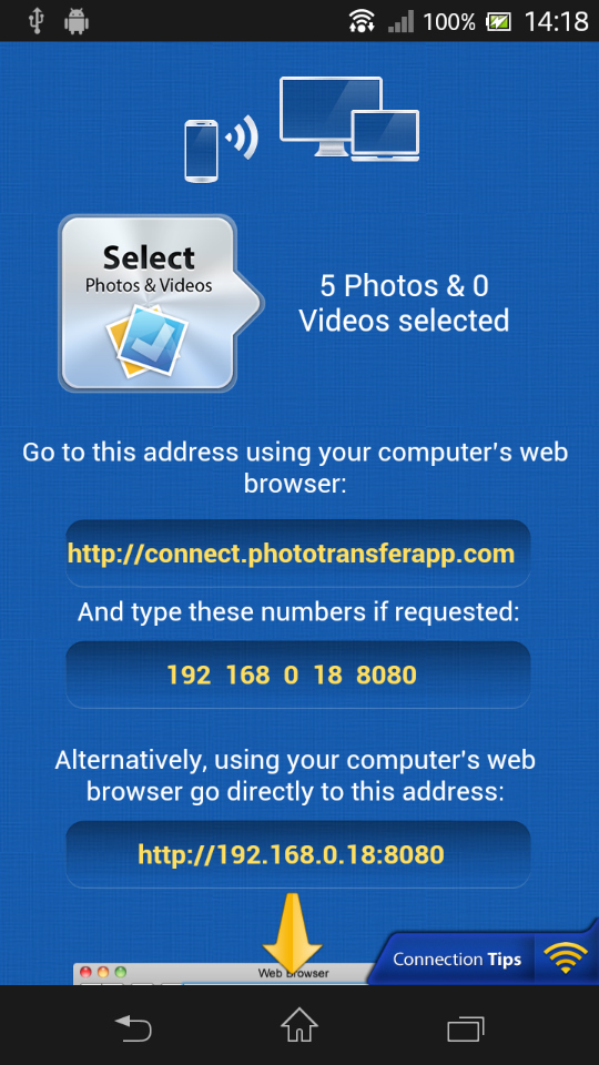 「Select」アイコンの右には、選択した画像/動画データの数が表示される。画像を選択し終わったら、ブラウザアクセス用のアドレス（http://192.168.○.○：8080）を入力しよう