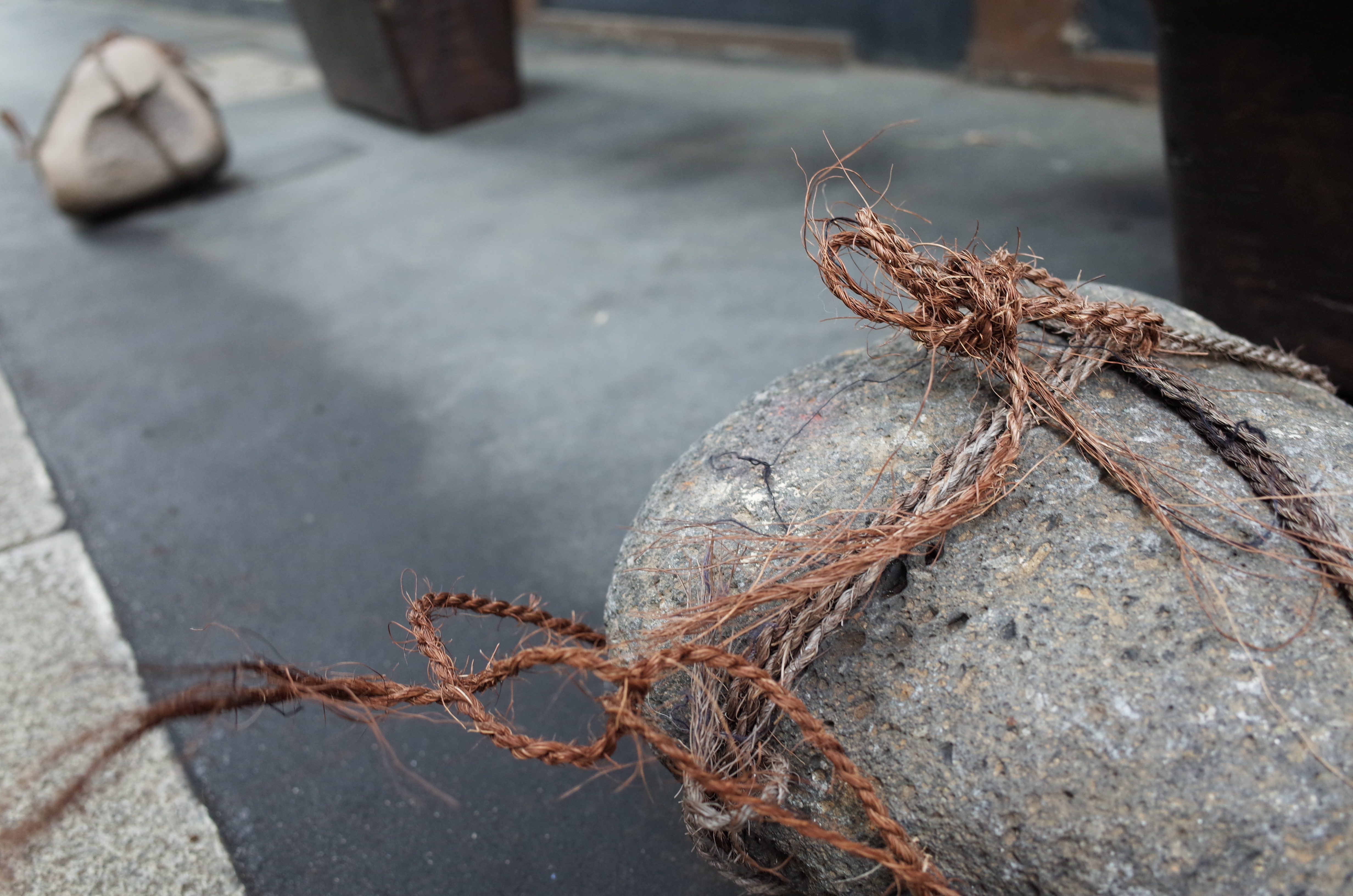 石とヒモで結界。これも「関守石」の一種かな。なるほど、そういえば、この島、神社もたくさんありますね。1/40秒 / F4 / 0EV / ISO400 / プログラム / WB：オート / 18.3mm