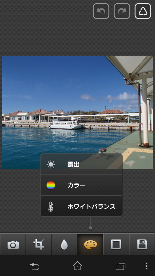 「パレット」アイコンをタップすると、「露出」「カラー」「ホワイトバランス」という3つの機能にアクセスできる