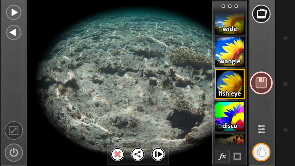 エフェクト機能には、風合い・色味などに影響を与えるもののほか、「fish eye」などのレンズをシミュレートするものもある