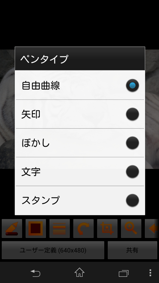 画像にテキストや線を加えられるペンツール。「ペンタイプ」を自由曲線や文字、スタンプなどから選択できる